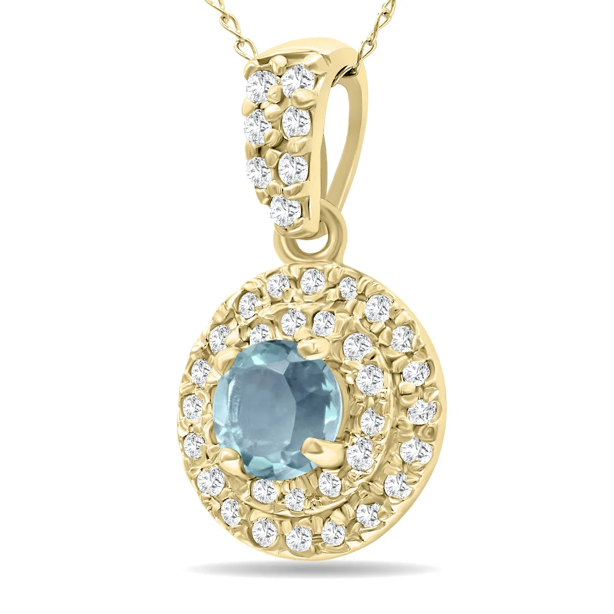 3/4 Carat Tw Double Halo Aquamarine And Diamond Pendant In 10K Yellow Gold