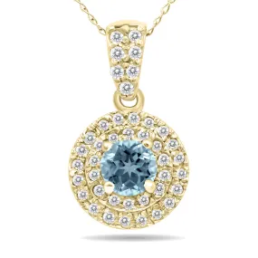 3/4 Carat Tw Double Halo Aquamarine And Diamond Pendant In 10K Yellow Gold