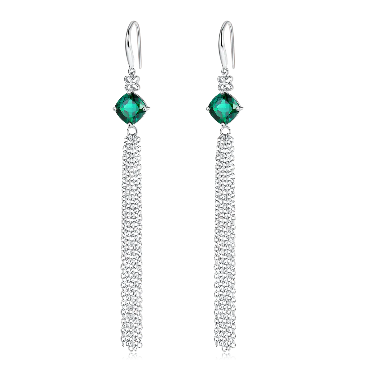 3.7 Carat Cushion Cut Lab Created Emerald Silver Tassel Earrings