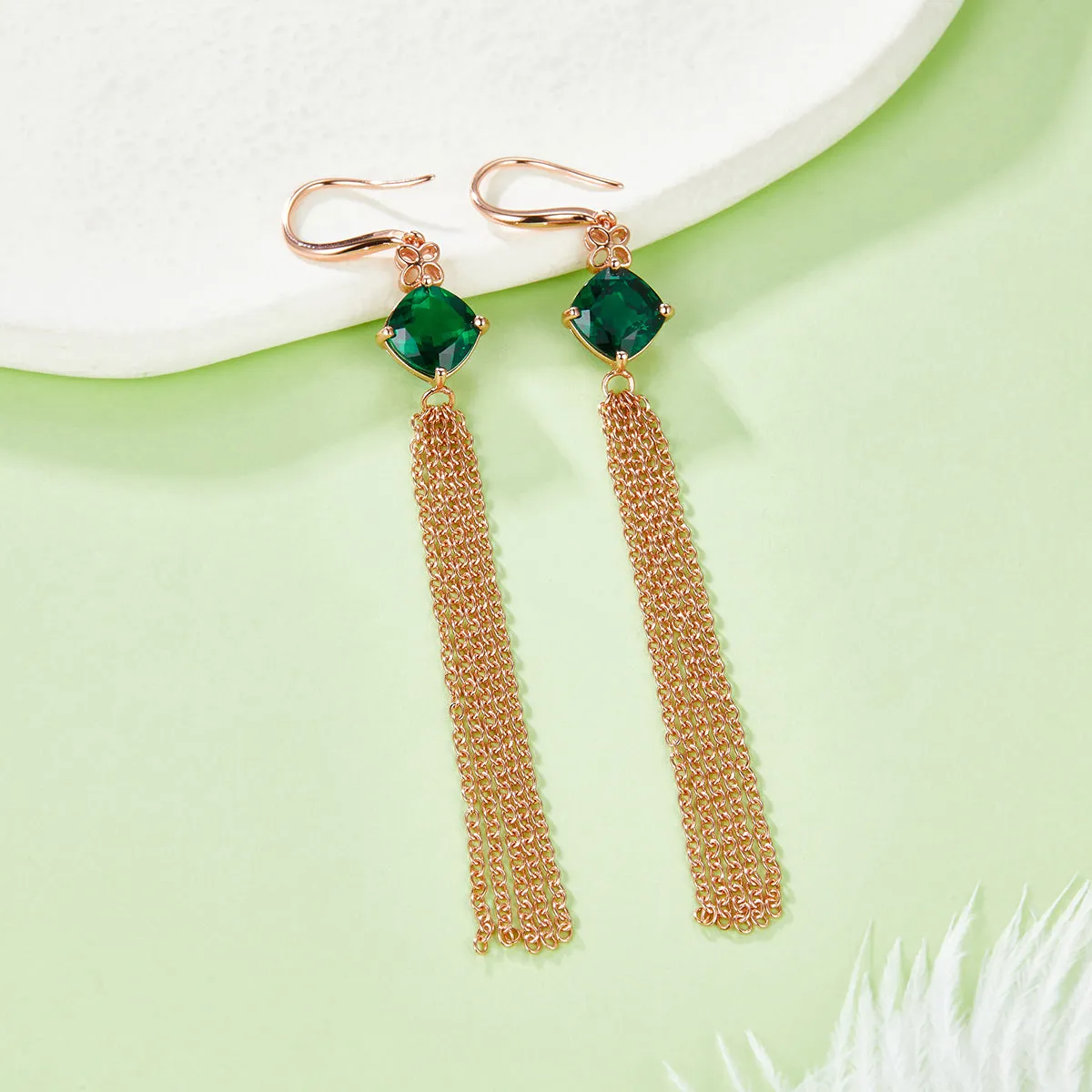 3.7 Carat Cushion Cut Lab Created Emerald Silver Tassel Earrings