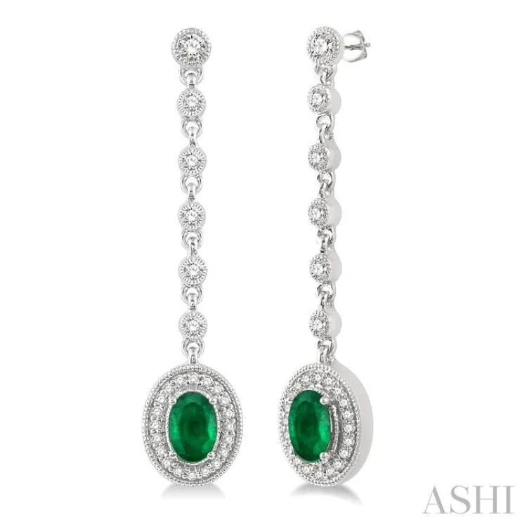 3/8 ctw Oval Shape 6x4MM Emerald and Round Cut Diamond Drop Earrings in 14K White Gold