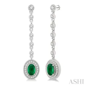 3/8 ctw Oval Shape 6x4MM Emerald and Round Cut Diamond Drop Earrings in 14K White Gold