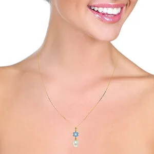 4.53 Carat 14K Solid Yellow Gold Necklace Pearl, Blue Topaz Diamond