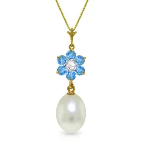 4.53 Carat 14K Solid Yellow Gold Necklace Pearl, Blue Topaz Diamond