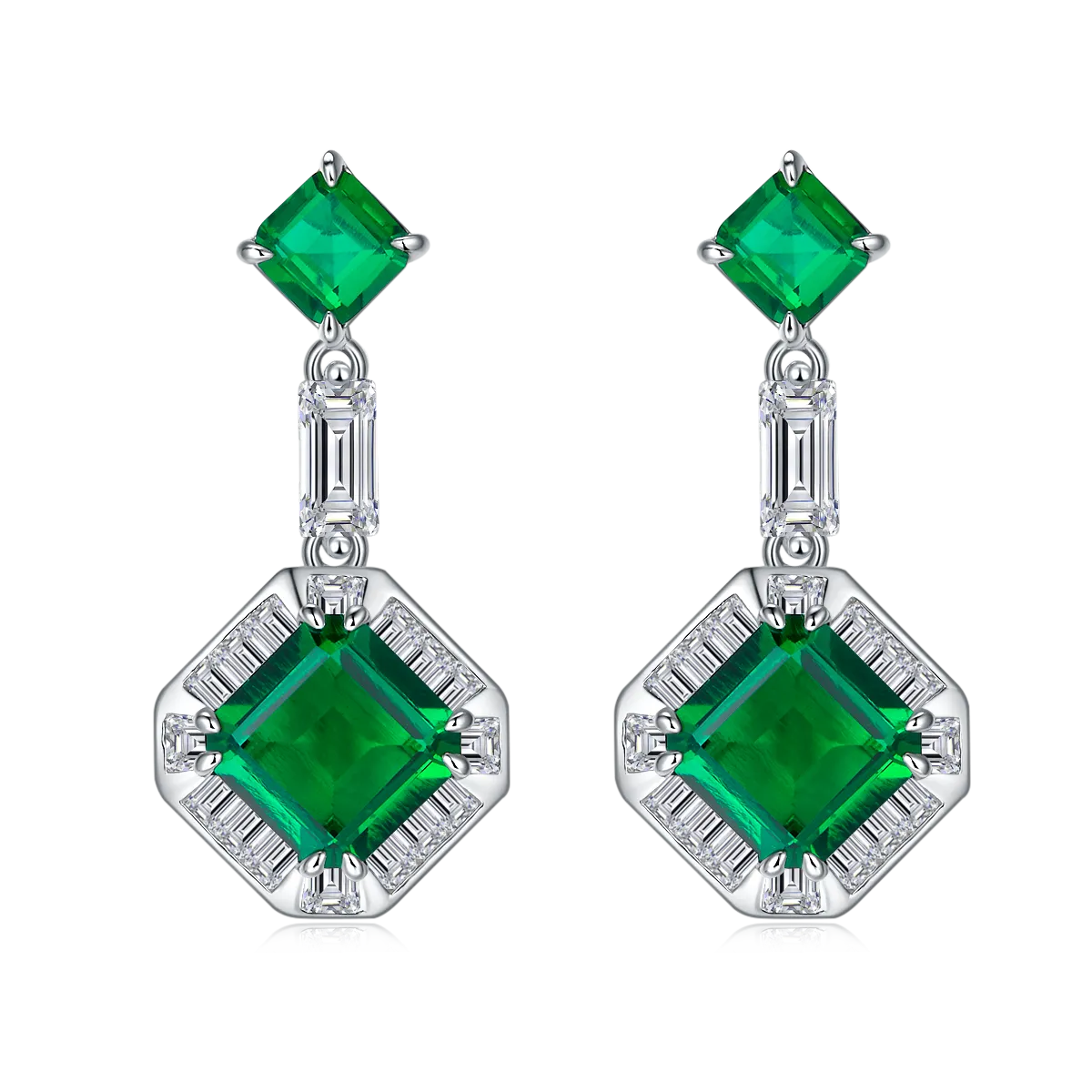 5.13 Carat Lab Created Emerald Asscher Cut Halo Earrings in Sterling Silver