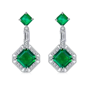 5.13 Carat Lab Created Emerald Asscher Cut Halo Earrings in Sterling Silver