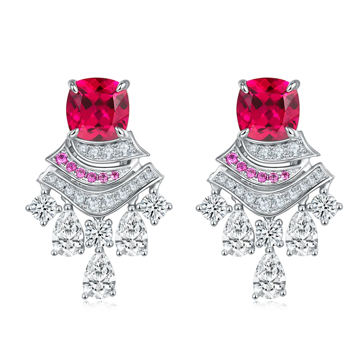 5.95 Carat Cushion Cut Lab Created Colored Gemstone S925 Sterling Silver Platinum Skirt Drop Earrings