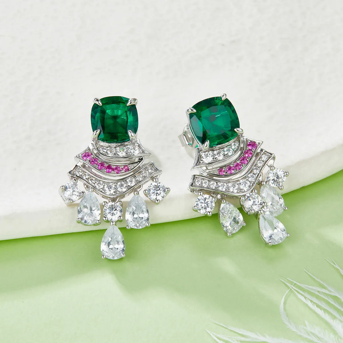 5.95 Carat Cushion Cut Lab Created Colored Gemstone S925 Sterling Silver Platinum Skirt Drop Earrings