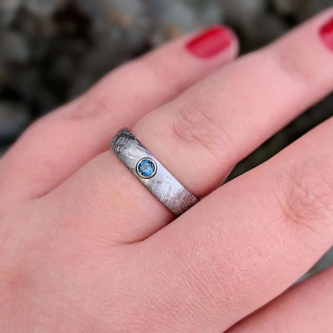 5mm Gibeon Meteorite Wedding Band with London Blue Topaz