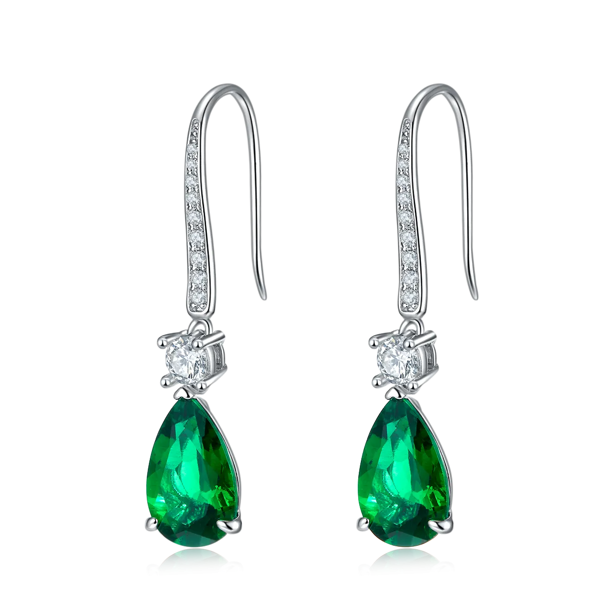 6.0 Carat Pear Shaped Lab Created Emerald Pendant in S925 Silver Plated Platinum Hook Earrings