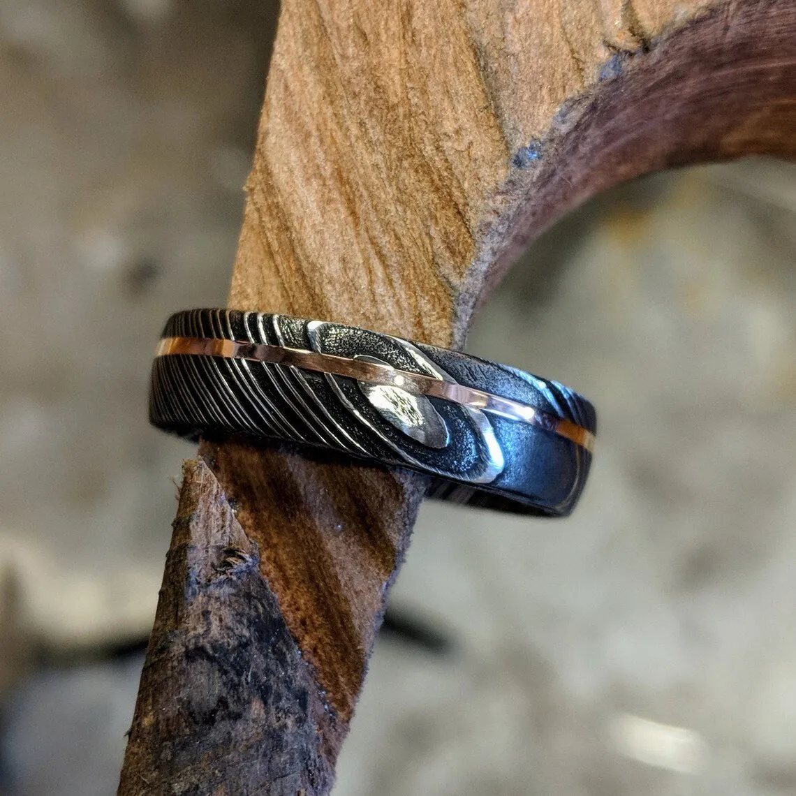 6mm Wide Damascus Steel Ring with 14k Rose Gold Inlay