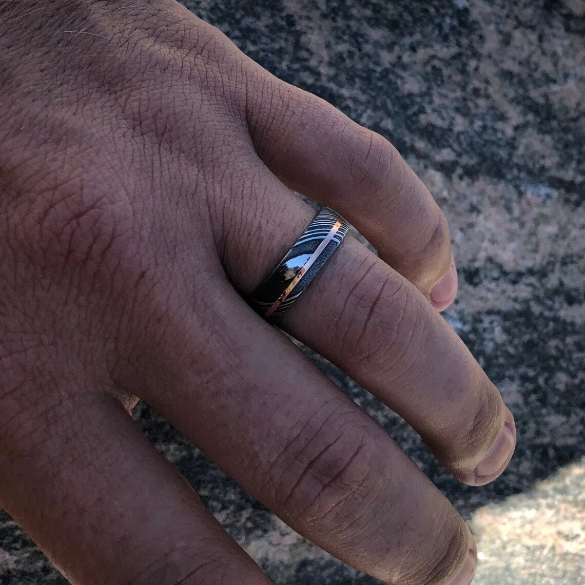 6mm Wide Damascus Steel Ring with 14k Rose Gold Inlay