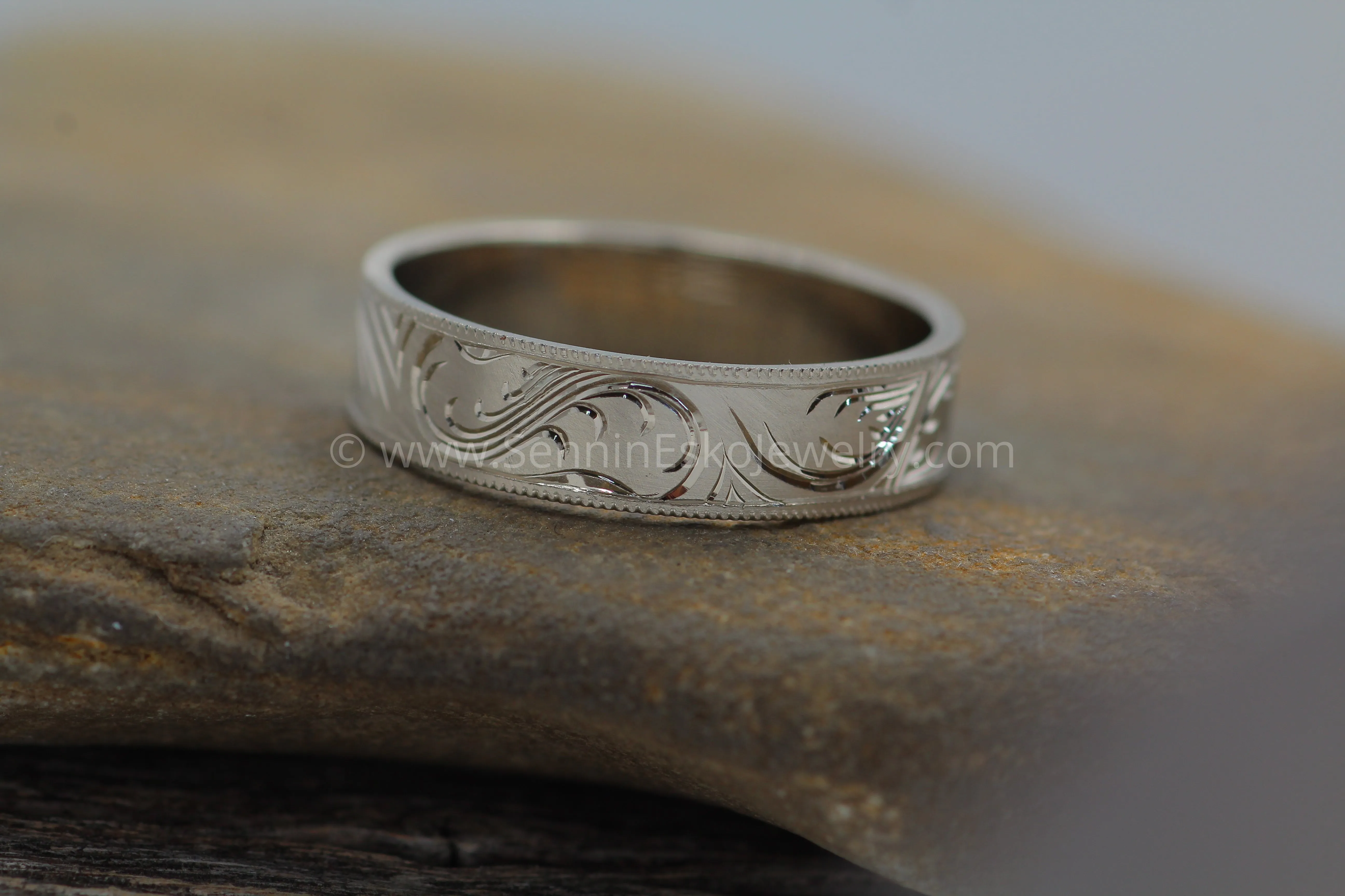 6x1mm Branches and Leaves Variation 2 14kt White Gold Bright Cut Engraved Band