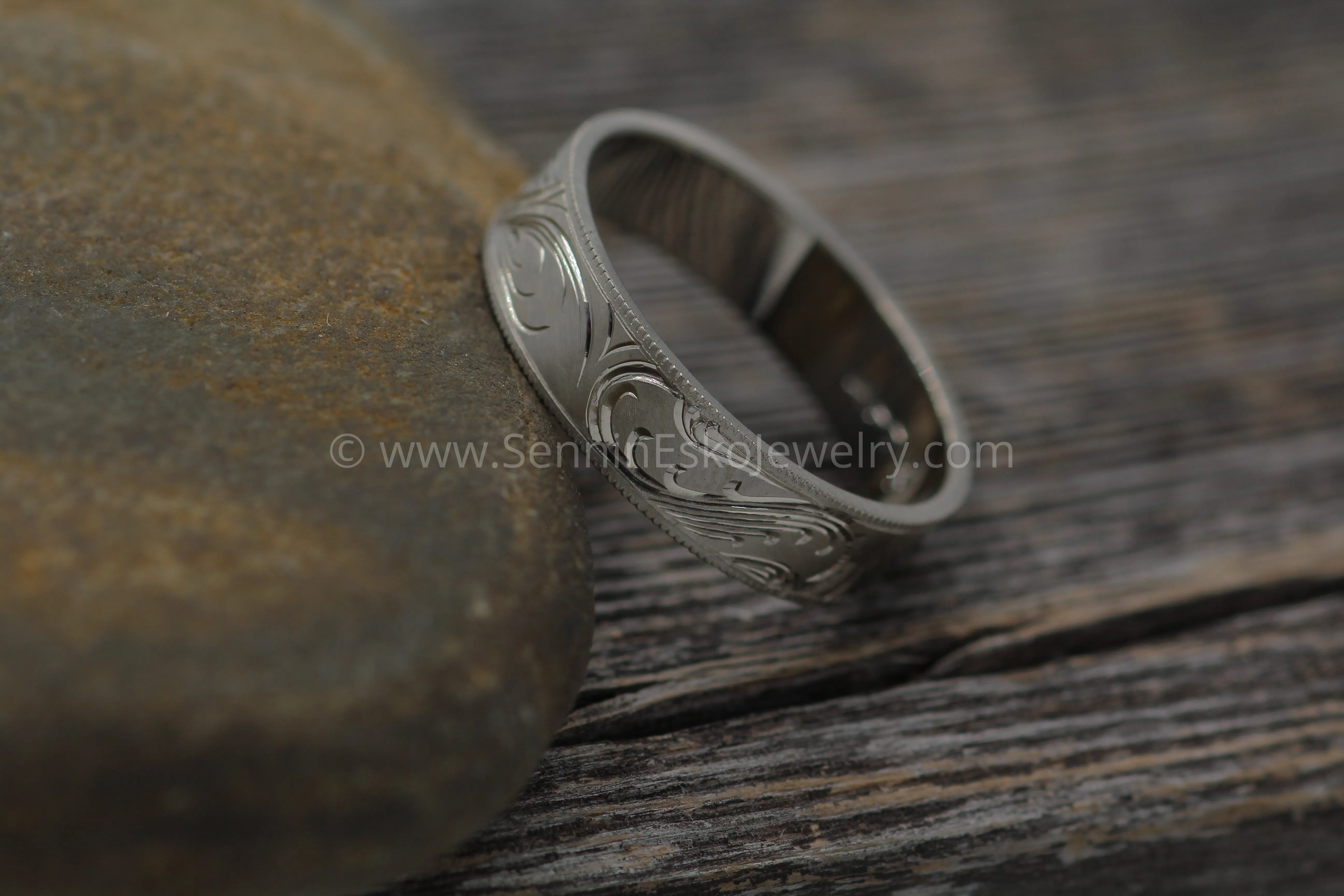 6x1mm Branches and Leaves Variation 2 14kt White Gold Bright Cut Engraved Band