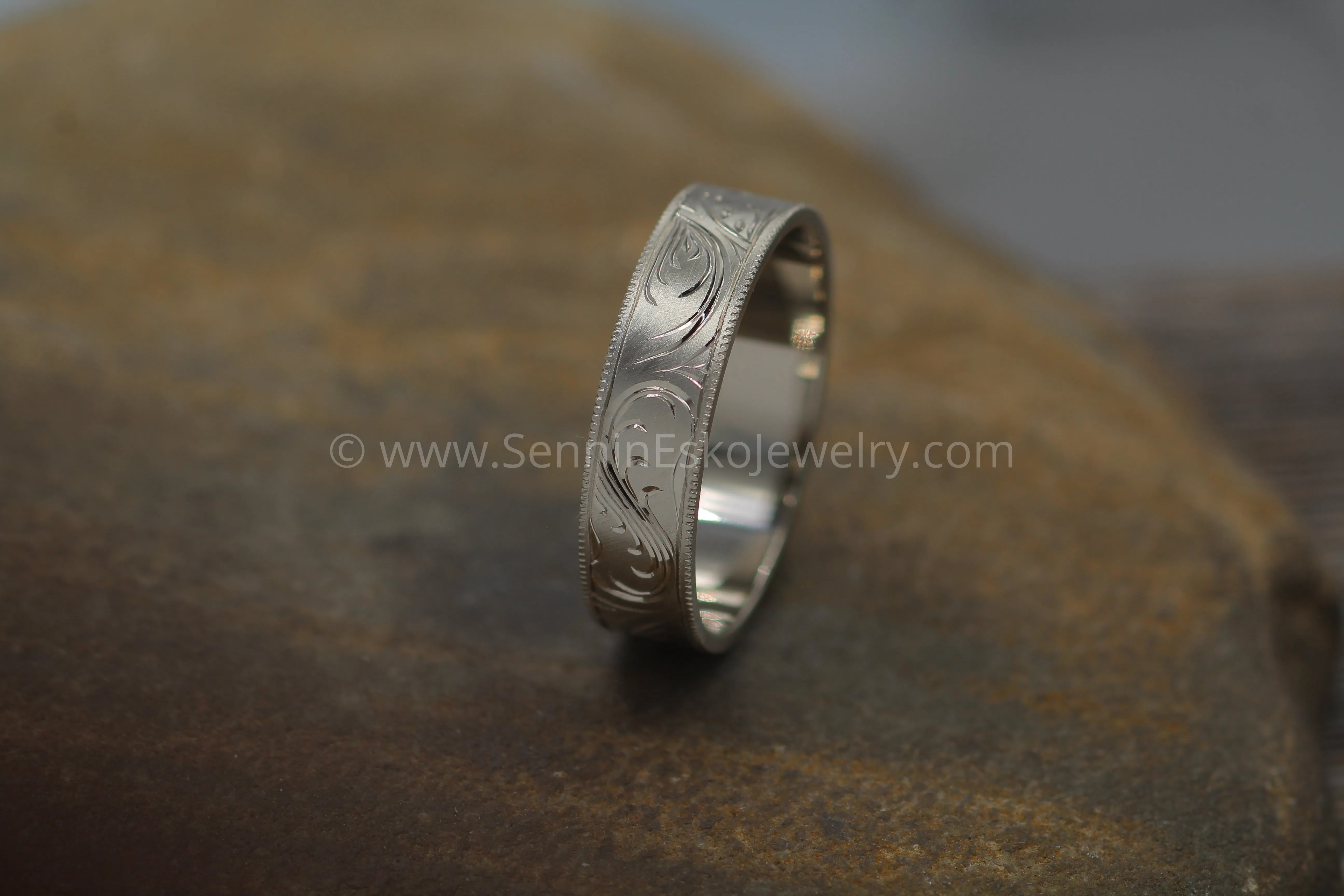 6x1mm Branches and Leaves Variation 2 14kt White Gold Bright Cut Engraved Band