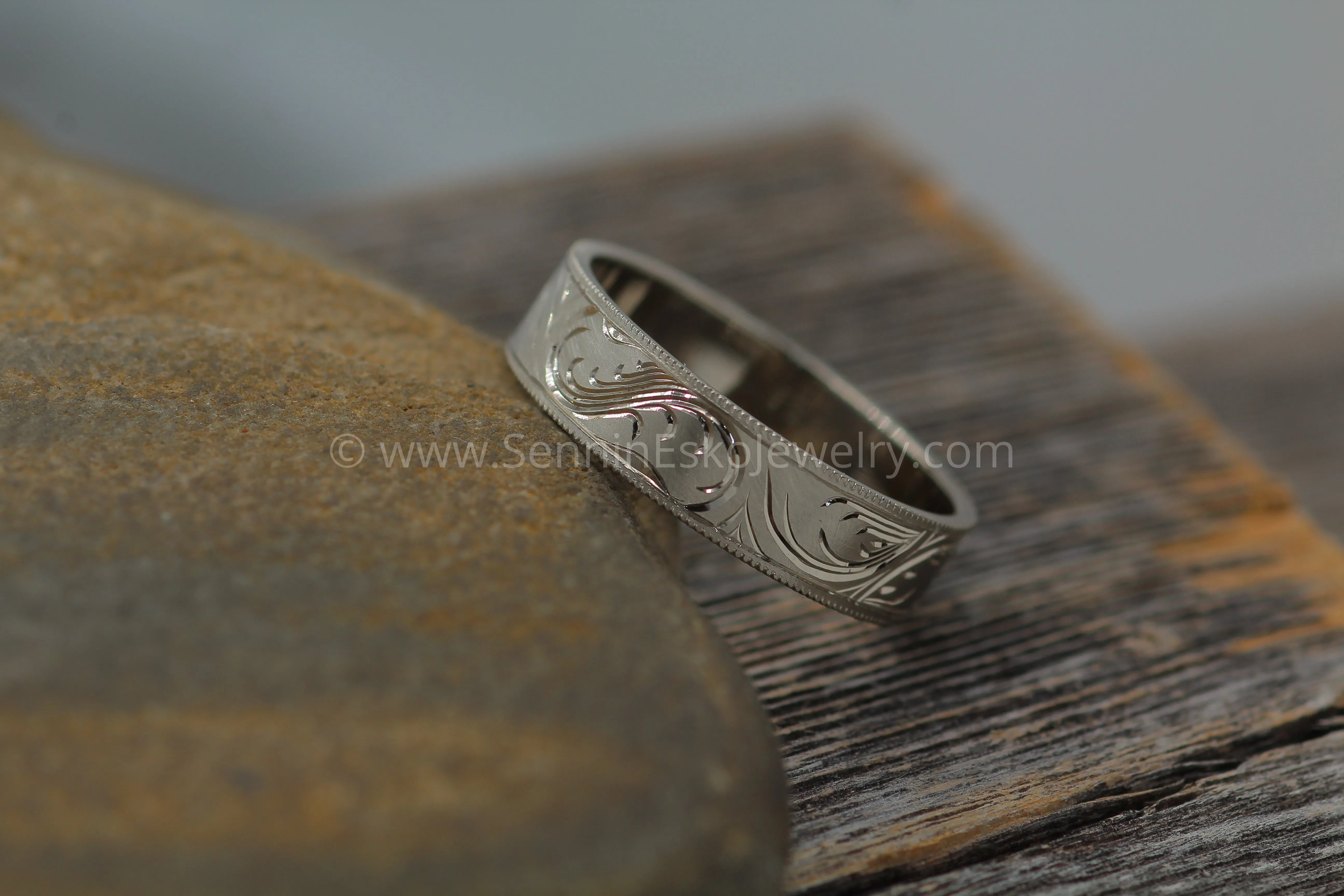 6x1mm Branches and Leaves Variation 2 14kt White Gold Bright Cut Engraved Band