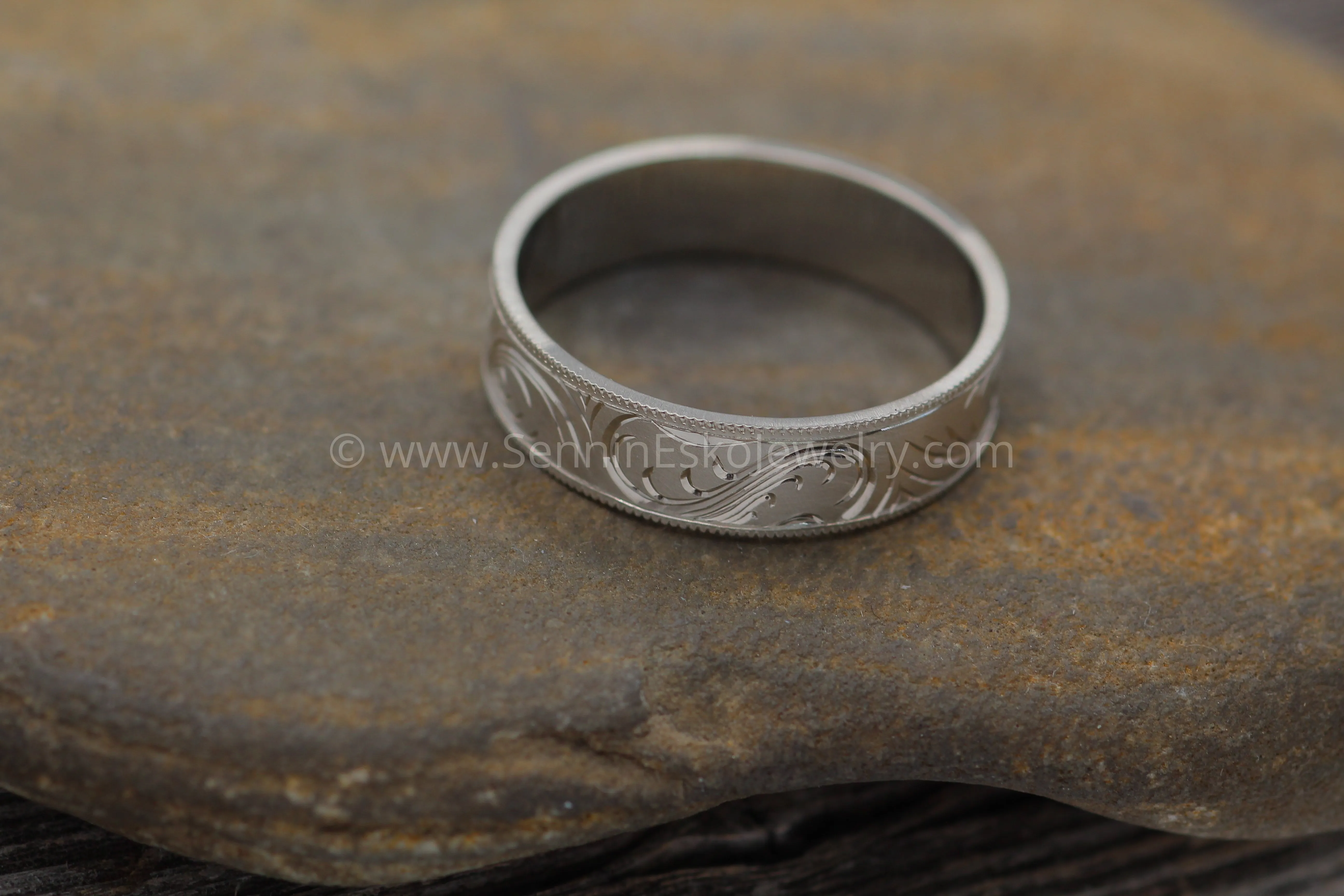 6x1mm Branches and Leaves Variation 2 14kt White Gold Bright Cut Engraved Band