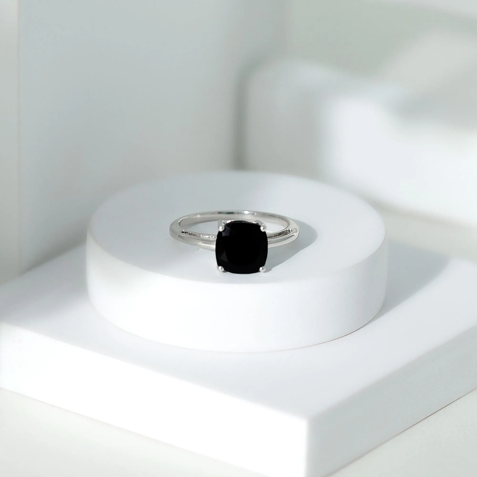 7 MM Cushion Cut Black Onyx Solitaire Ring in 4 Prong Setting