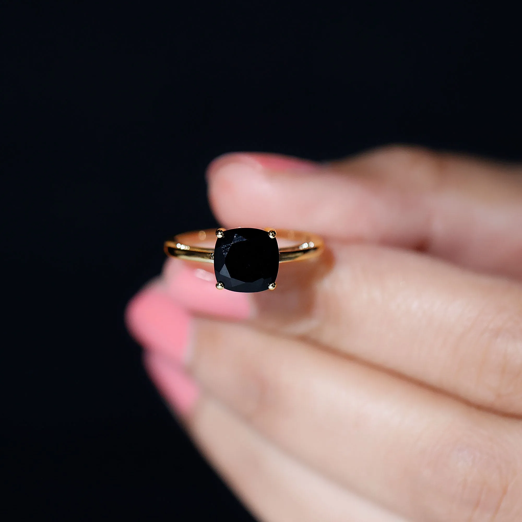 7 MM Cushion Cut Black Onyx Solitaire Ring in 4 Prong Setting