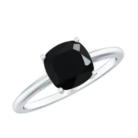 7 MM Cushion Cut Black Onyx Solitaire Ring in 4 Prong Setting