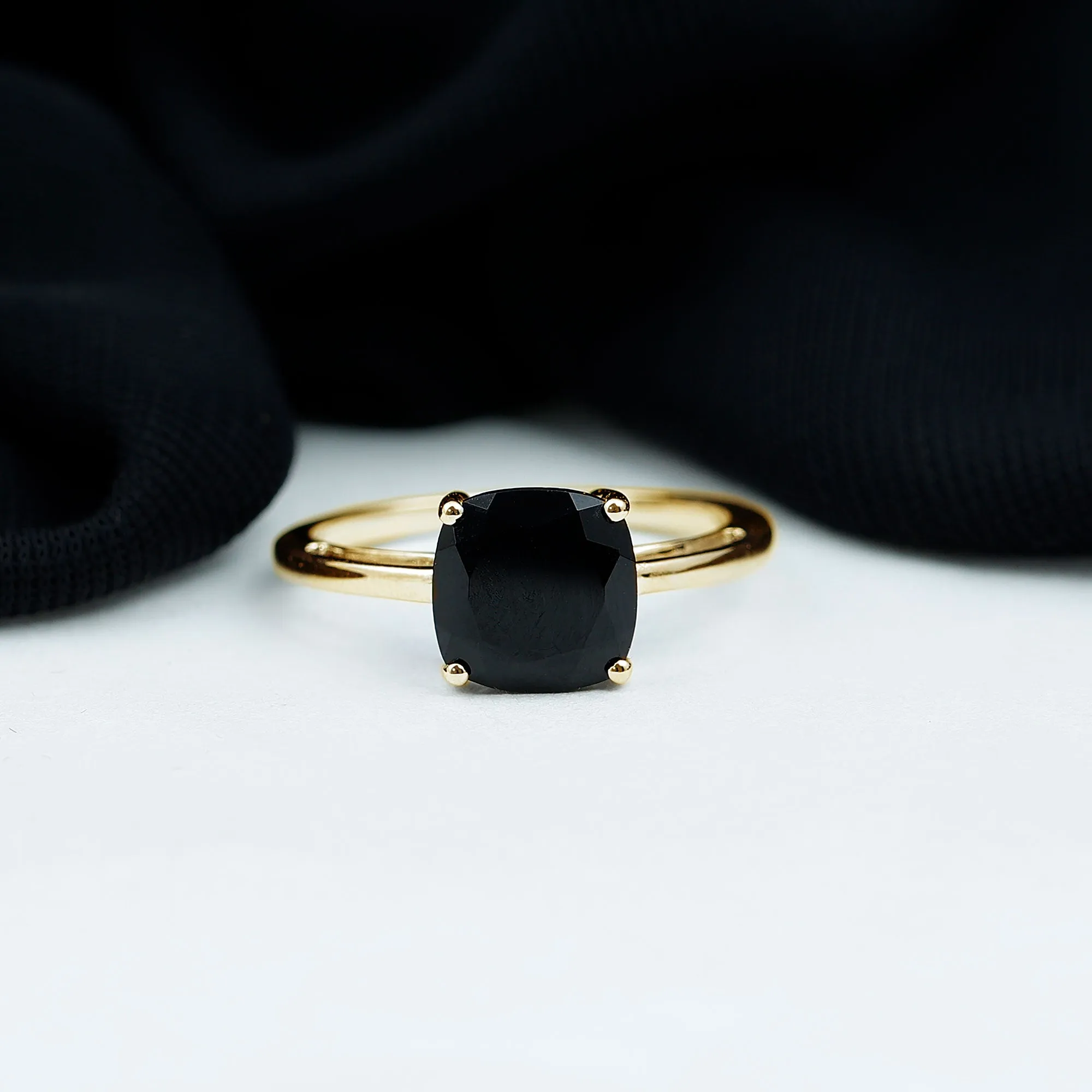 7 MM Cushion Cut Black Onyx Solitaire Ring in 4 Prong Setting