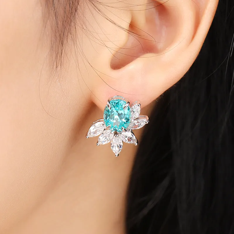 8.8 Carat Oval Lab-Created Gemstone Flower Elf Stud Earrings in S925 Silver-Plated Platinum