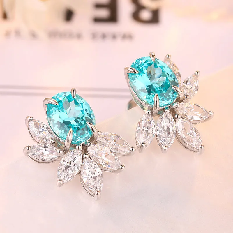 8.8 Carat Oval Lab-Created Gemstone Flower Elf Stud Earrings in S925 Silver-Plated Platinum