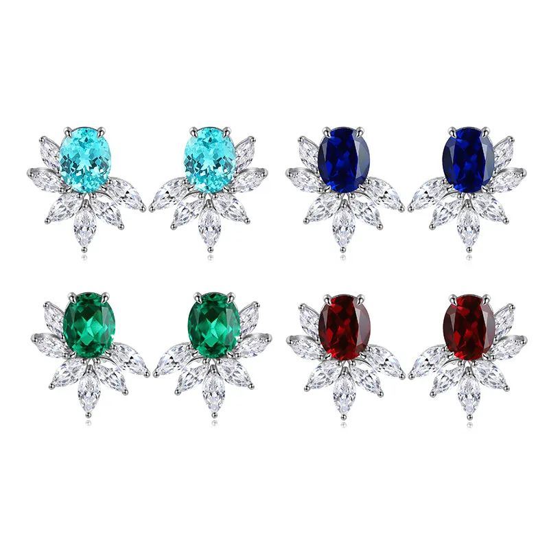 8.8 Carat Oval Lab-Created Gemstone Flower Elf Stud Earrings in S925 Silver-Plated Platinum