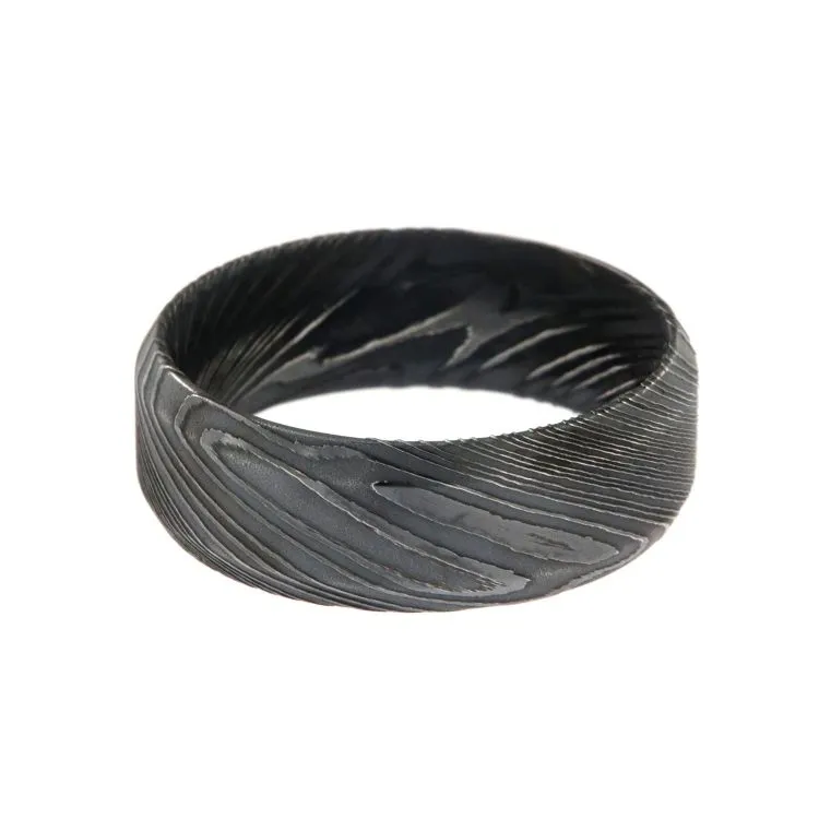 8mm Wide Beveled Damascus Steel Ring with Inside Comfort Fit Design and Acid Etch Finish