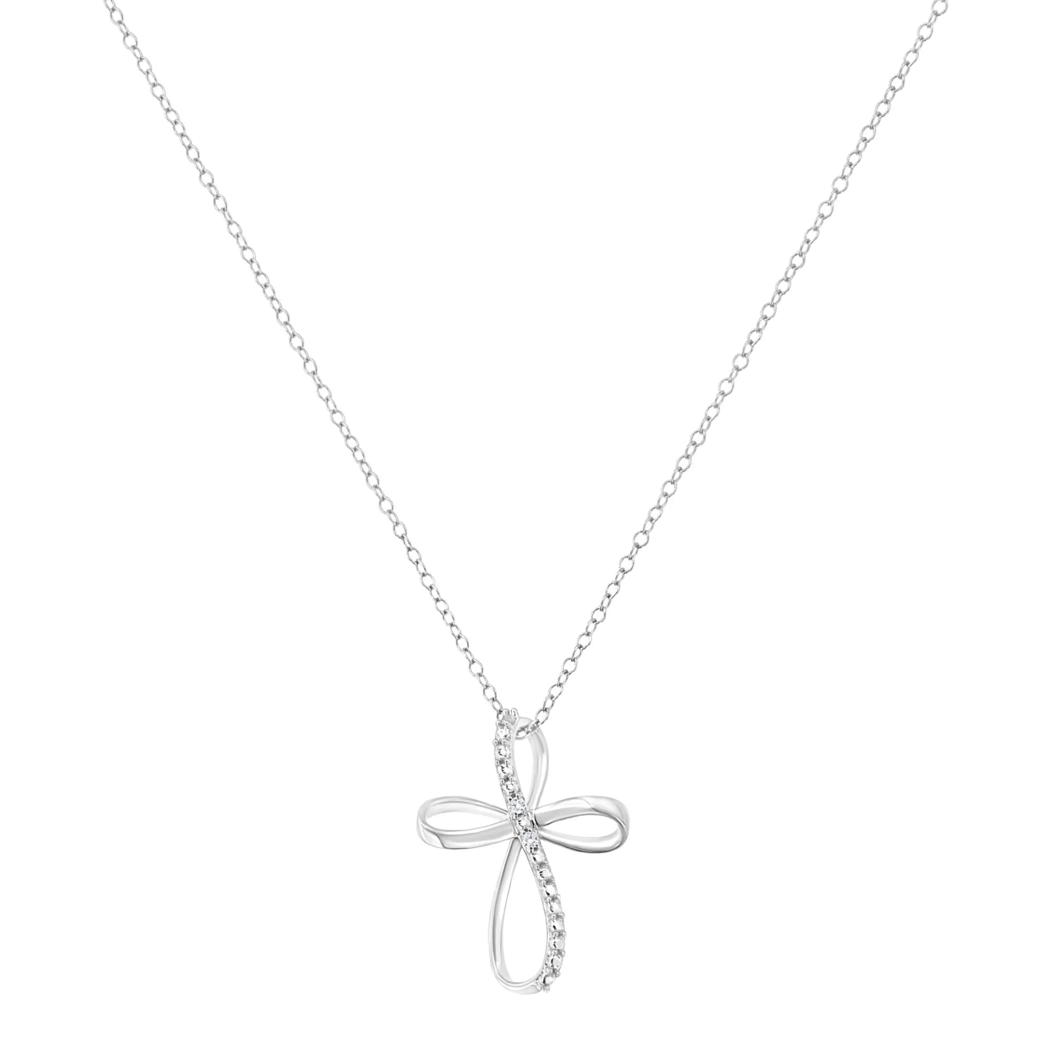 .925 Sterling Silver Diamond Accent Cross Ribbon 18" Pendant Necklace (I-J Color, I2-I3 Clarity) - Pack Of: 1