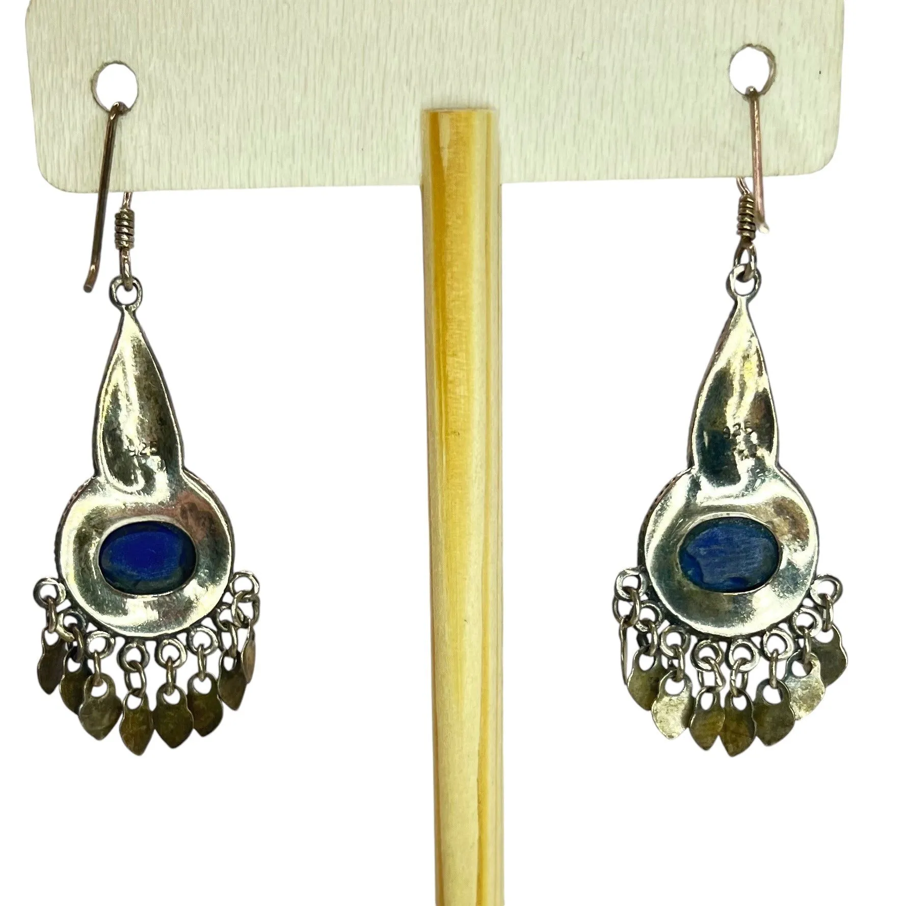 925 Sterling Silver Lapis Lazuli Dangle Drop Earrings Ornate Bali Blue Bohemian