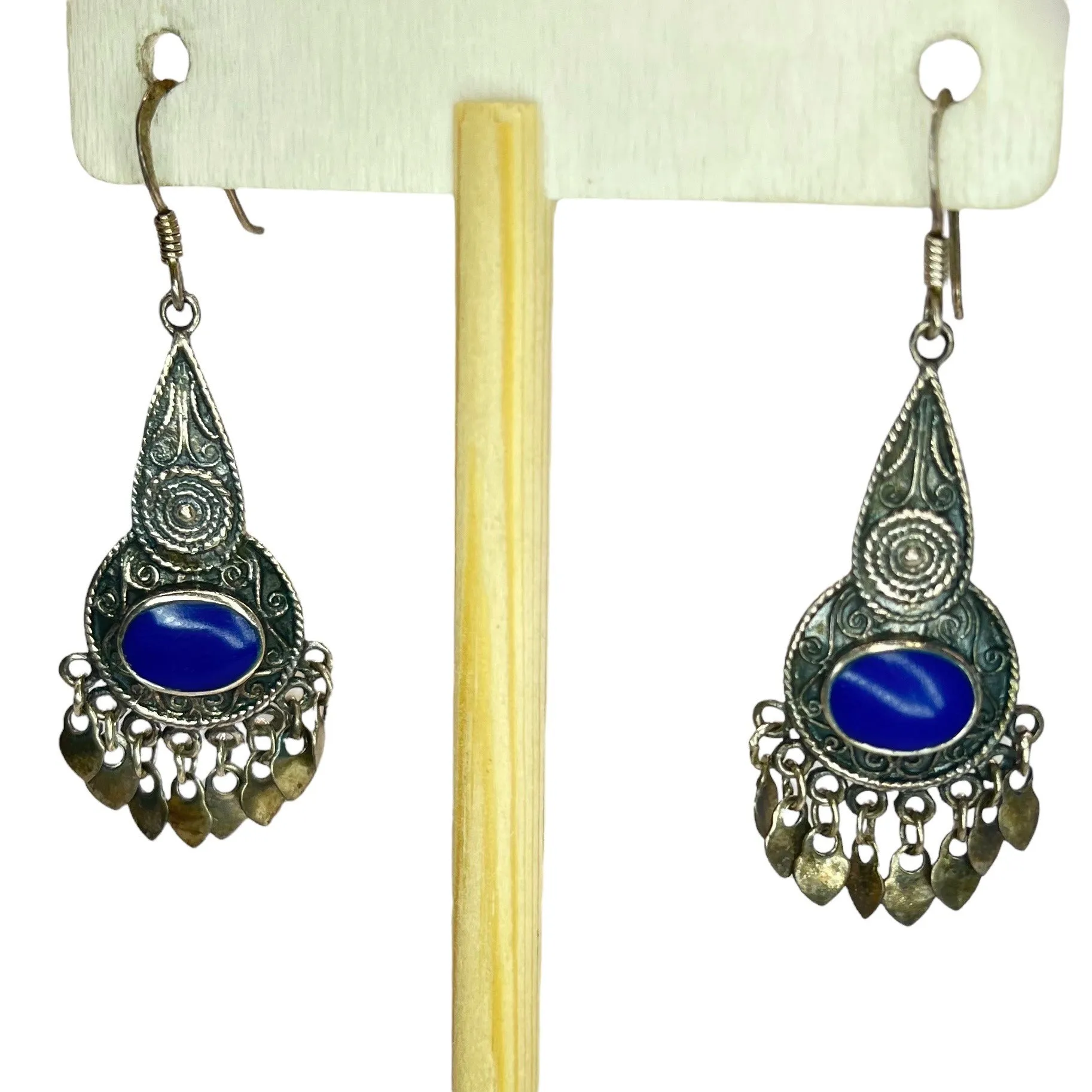 925 Sterling Silver Lapis Lazuli Dangle Drop Earrings Ornate Bali Blue Bohemian