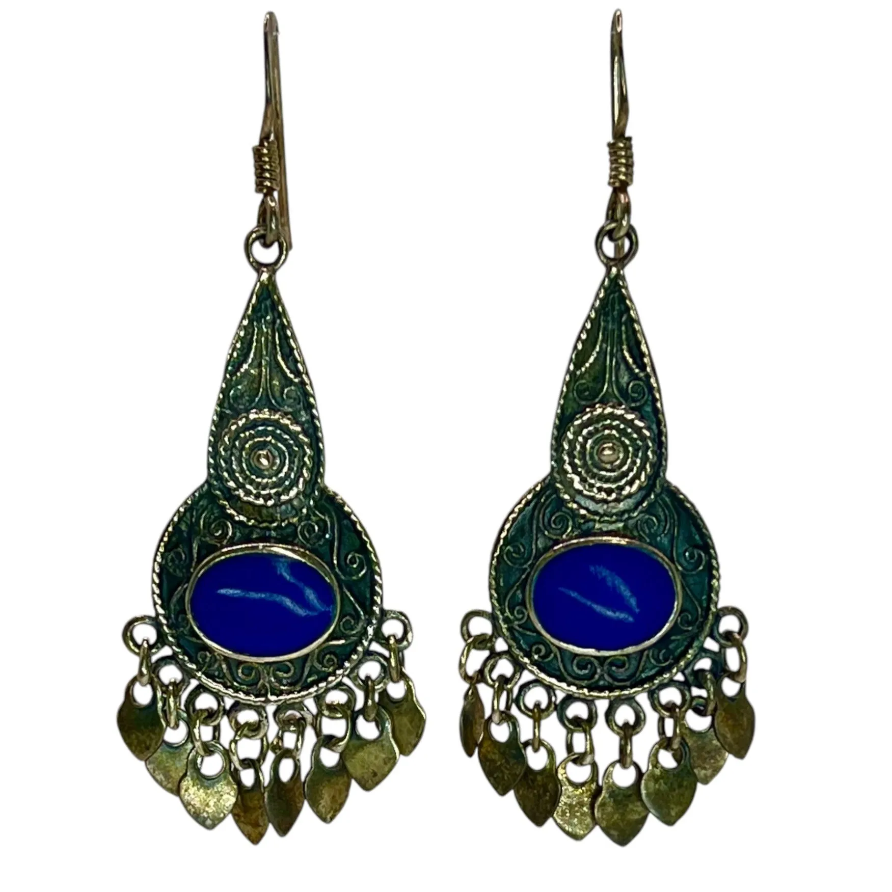 925 Sterling Silver Lapis Lazuli Dangle Drop Earrings Ornate Bali Blue Bohemian