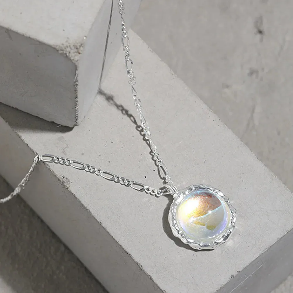 925 Sterling Silver Round Shape Large Raw Rainbow Moonstone Pendant Necklace