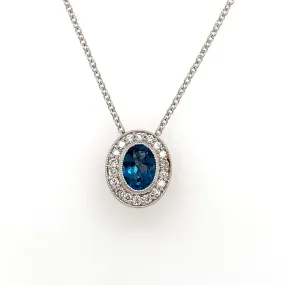 9ct White Gold 1.09ct London Blue Topaz & Diamond Halo Pendant