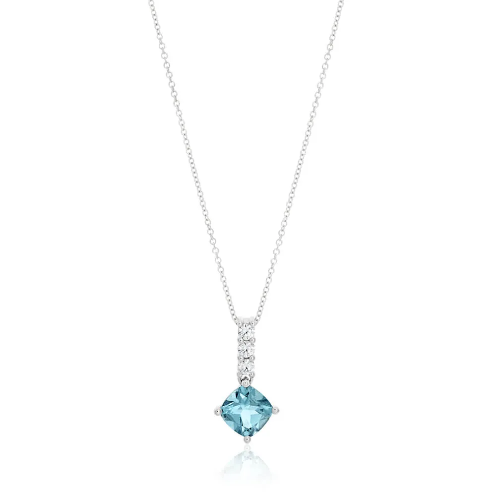 9ct White Gold Blue Topaz and Zirconia Pendant With 45cm Chain