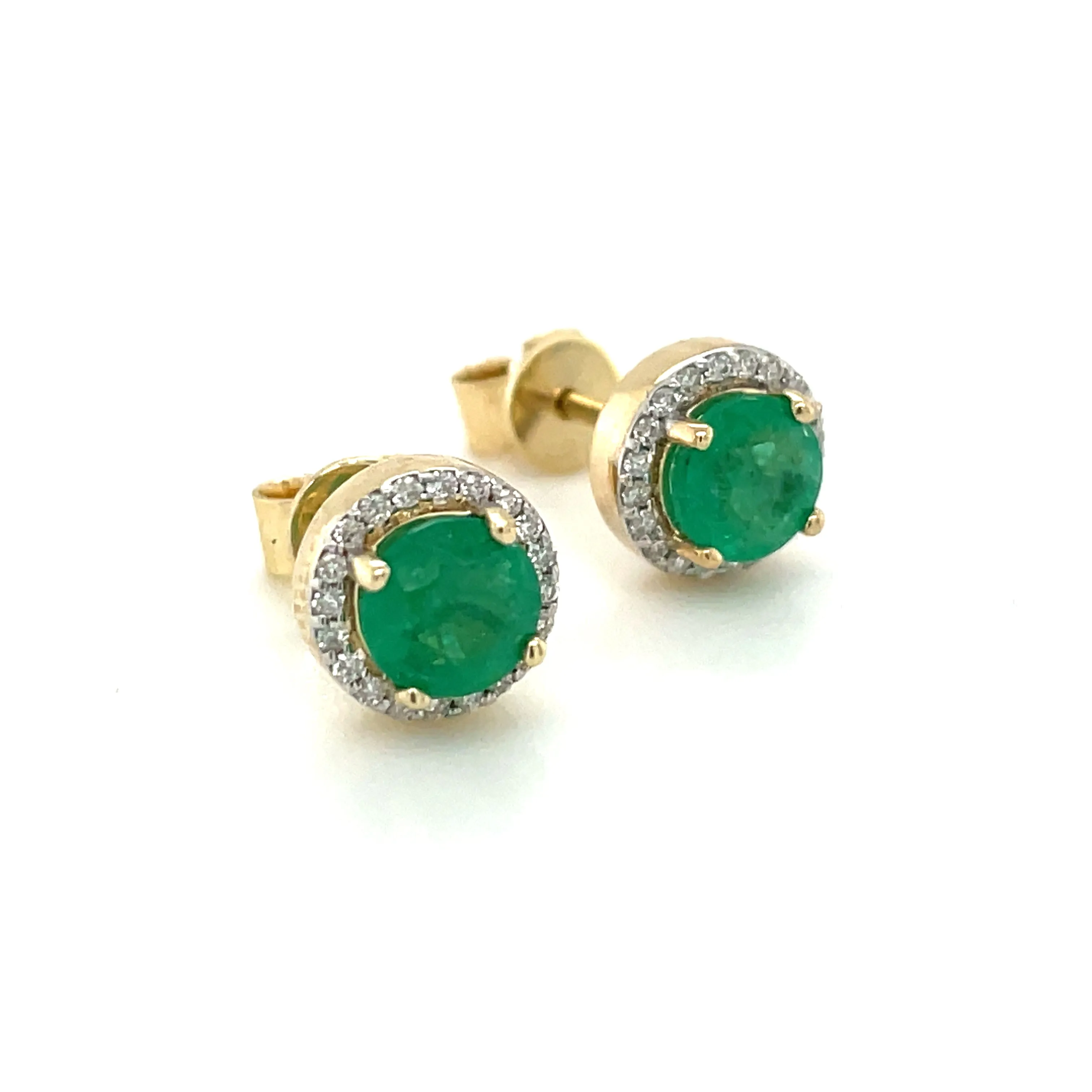 9ct Yellow Gold Earth Grown Round Emerald & Diamond Halo Stud Earrings