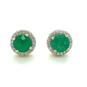 9ct Yellow Gold Earth Grown Round Emerald & Diamond Halo Stud Earrings