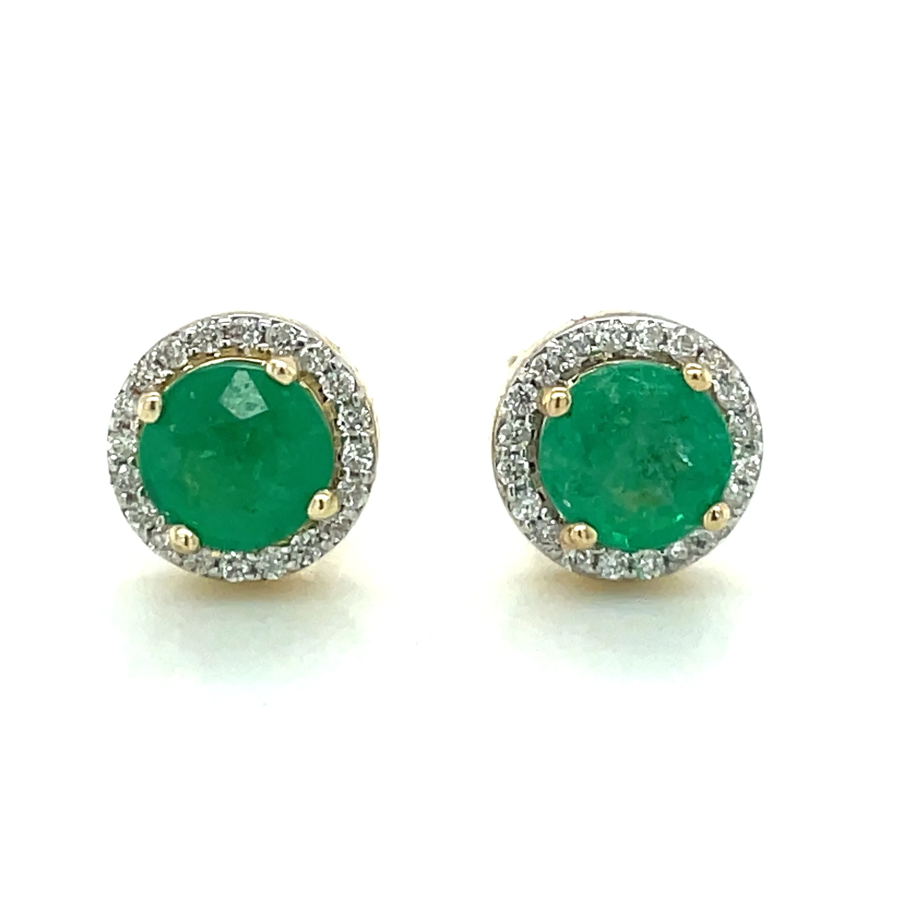 9ct Yellow Gold Earth Grown Round Emerald & Diamond Halo Stud Earrings