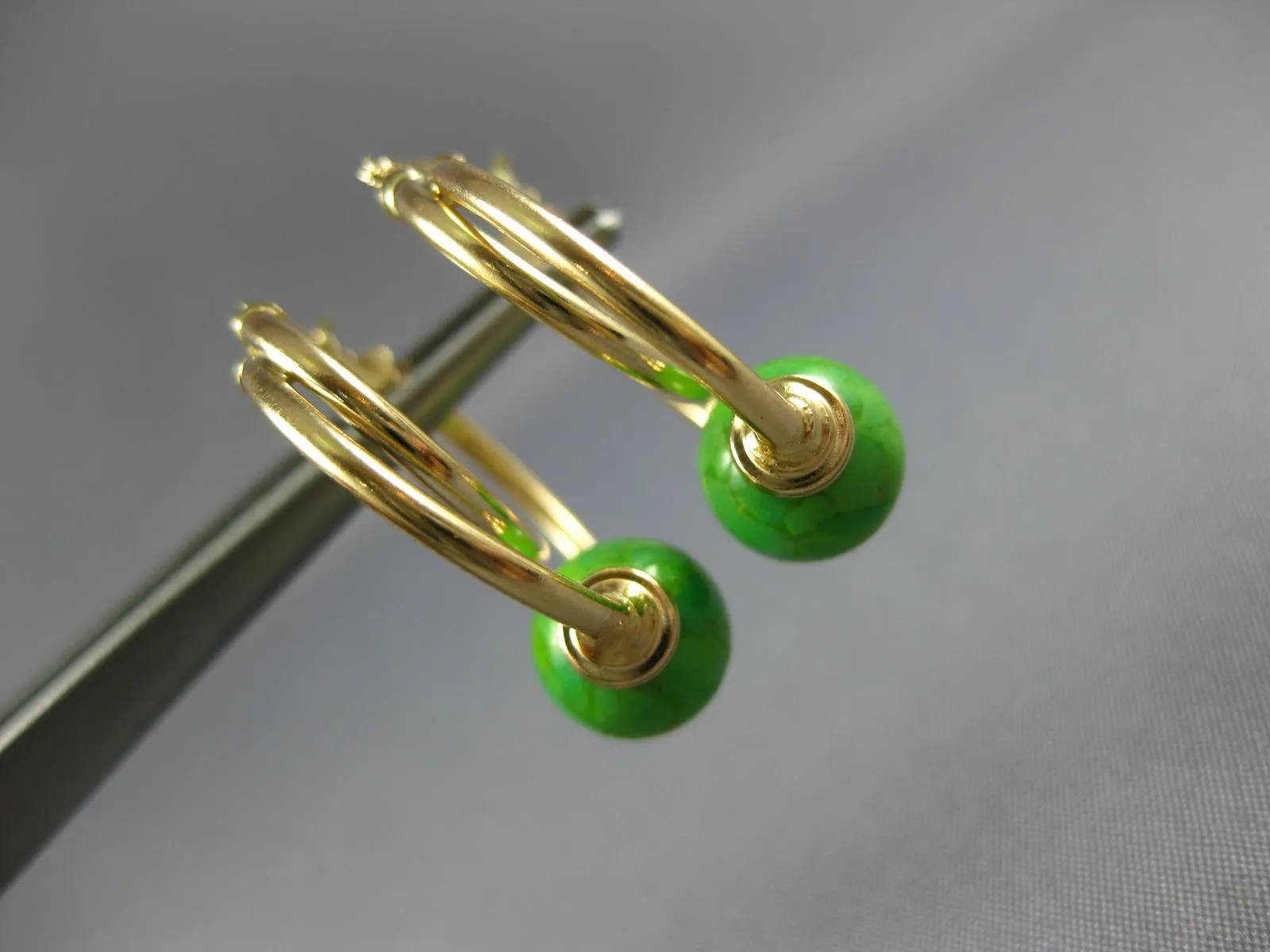 AAA GREEN TURQUOISE 14KT YELLOW GOLD 3D DOUBLE HOOP FUN HANGING EARRINGS #27015