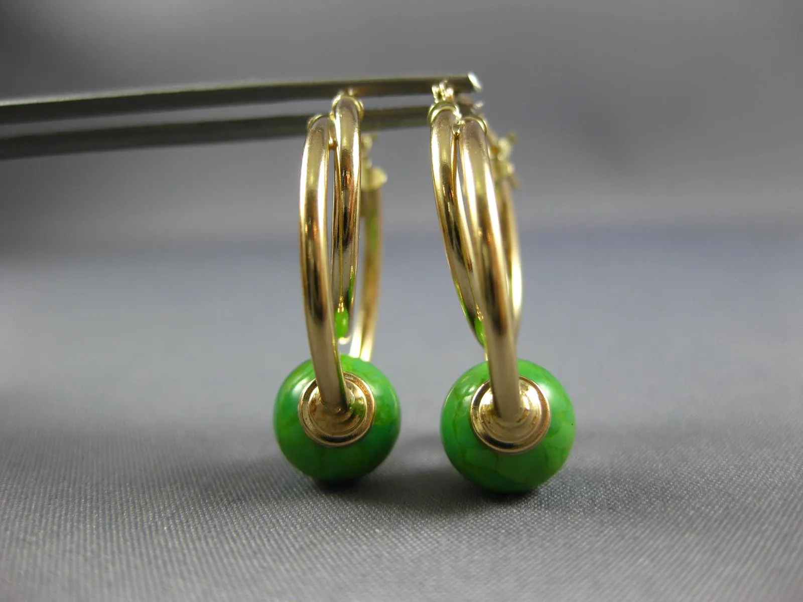 AAA GREEN TURQUOISE 14KT YELLOW GOLD 3D DOUBLE HOOP FUN HANGING EARRINGS #27015