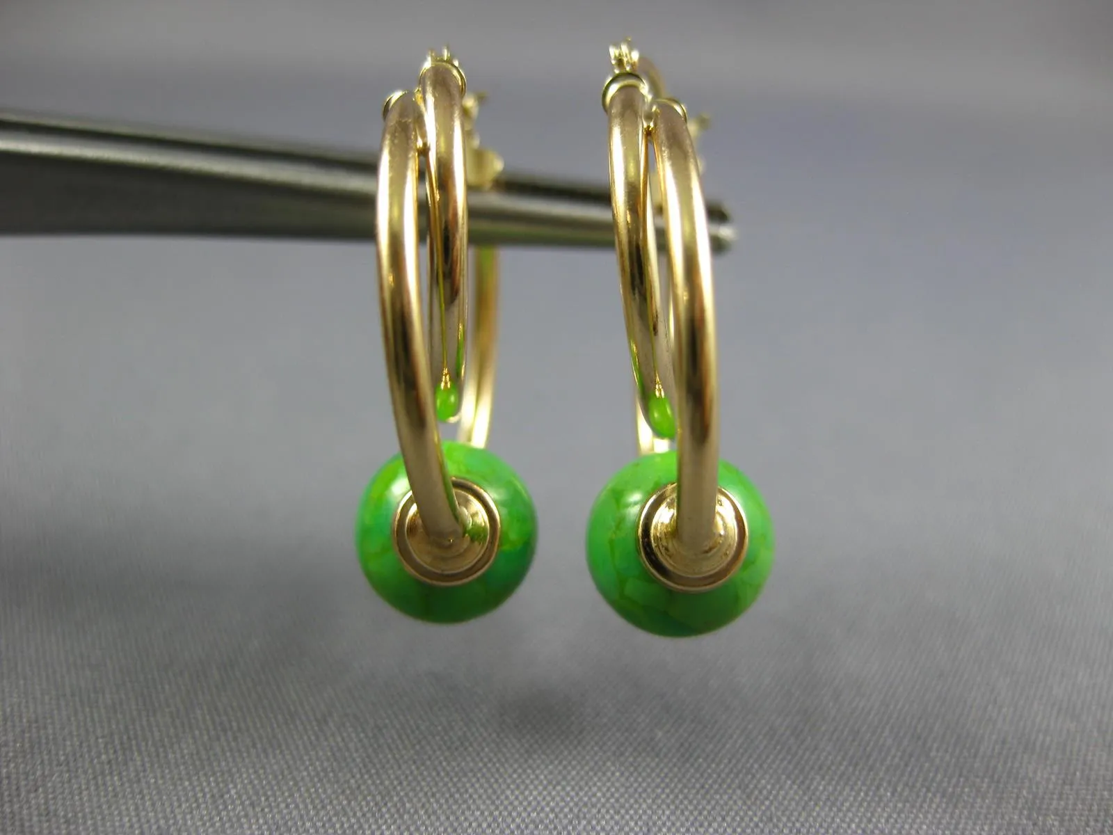 AAA GREEN TURQUOISE 14KT YELLOW GOLD 3D DOUBLE HOOP FUN HANGING EARRINGS #27015