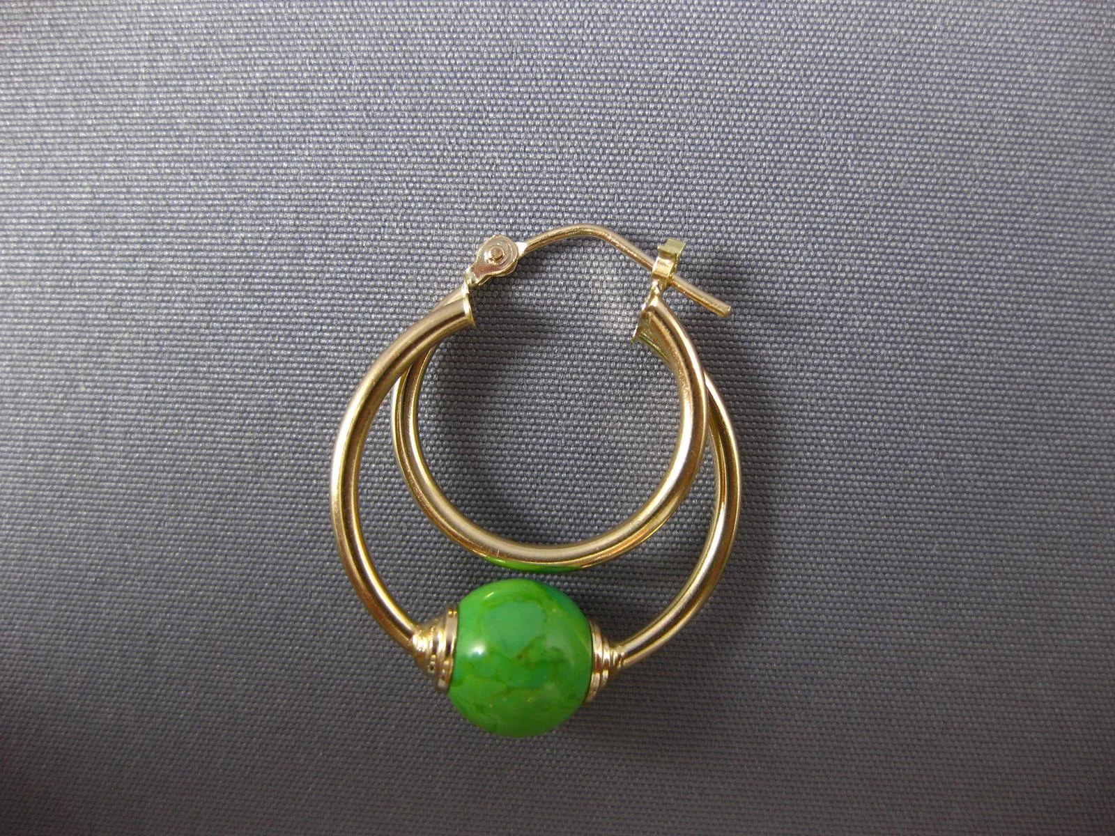 AAA GREEN TURQUOISE 14KT YELLOW GOLD 3D DOUBLE HOOP FUN HANGING EARRINGS #27015