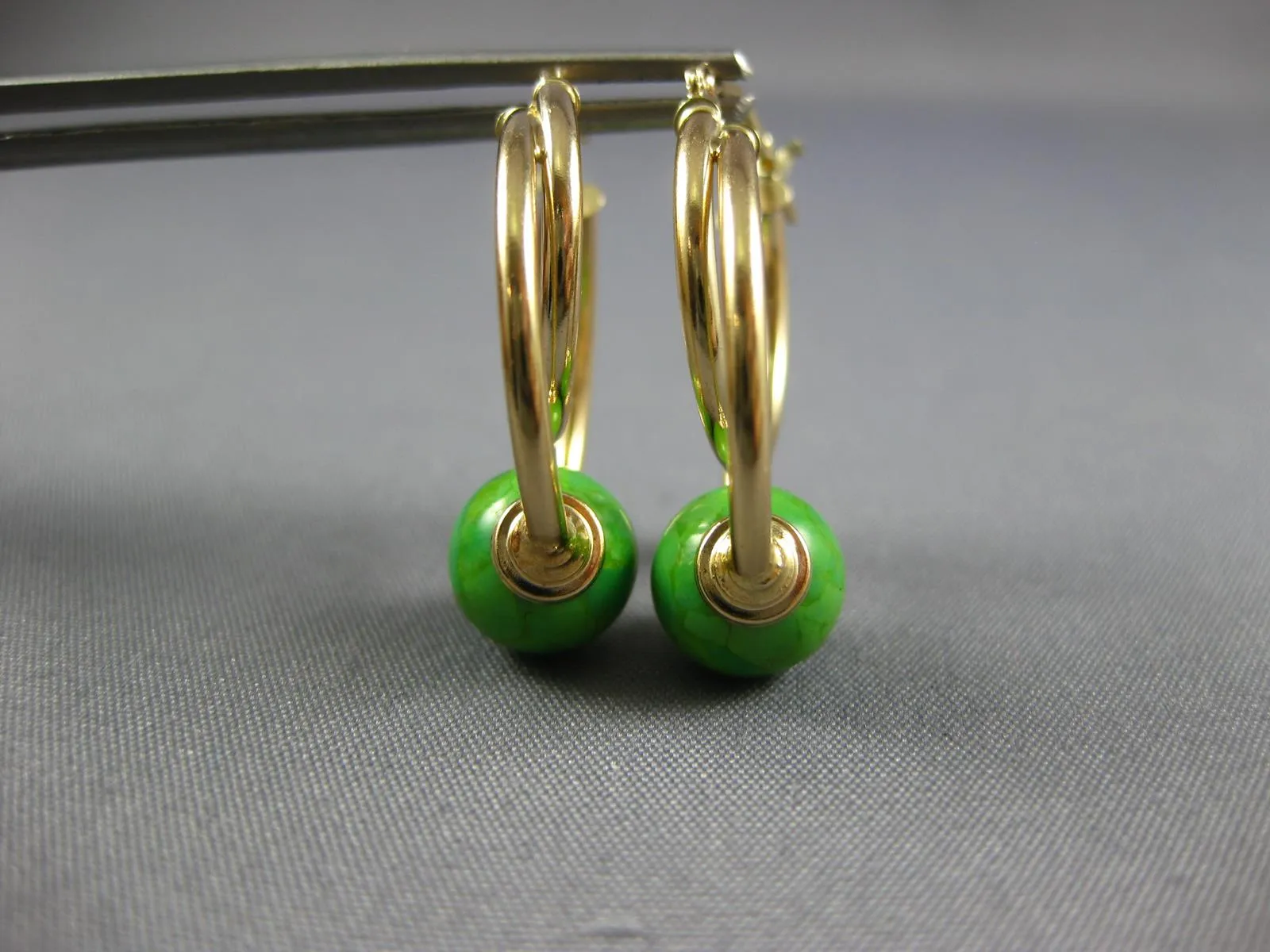 AAA GREEN TURQUOISE 14KT YELLOW GOLD 3D DOUBLE HOOP FUN HANGING EARRINGS #27015