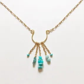 Amazonite and Aquamarine Horseshoe Pendant Charm Necklace in Gold (25 inches)