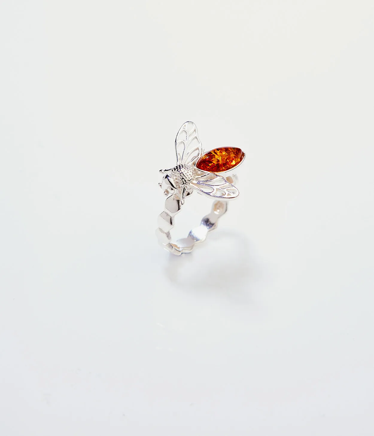 Amber Bee Ring - Genuine Baltic Amber & Sterling Silver - Unique Honeycomb Design