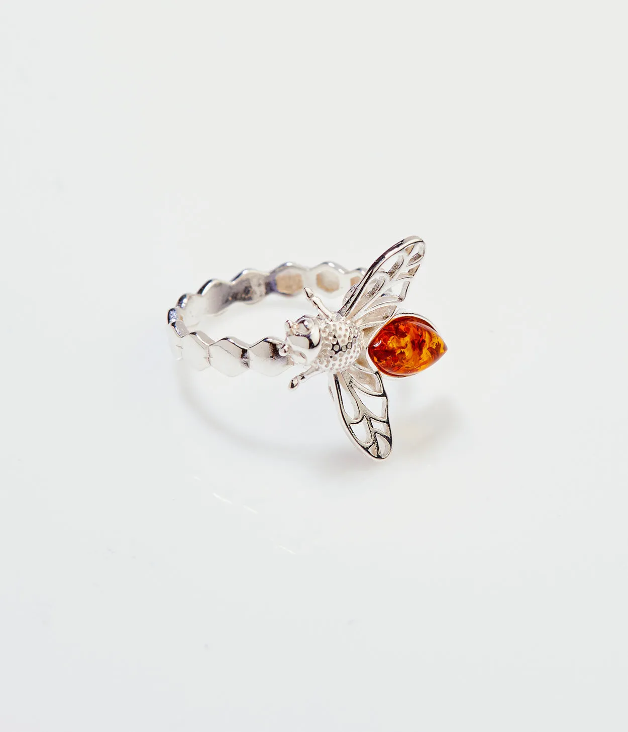 Amber Bee Ring - Genuine Baltic Amber & Sterling Silver - Unique Honeycomb Design