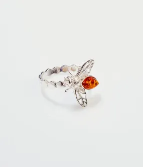 Amber Bee Ring - Genuine Baltic Amber & Sterling Silver - Unique Honeycomb Design