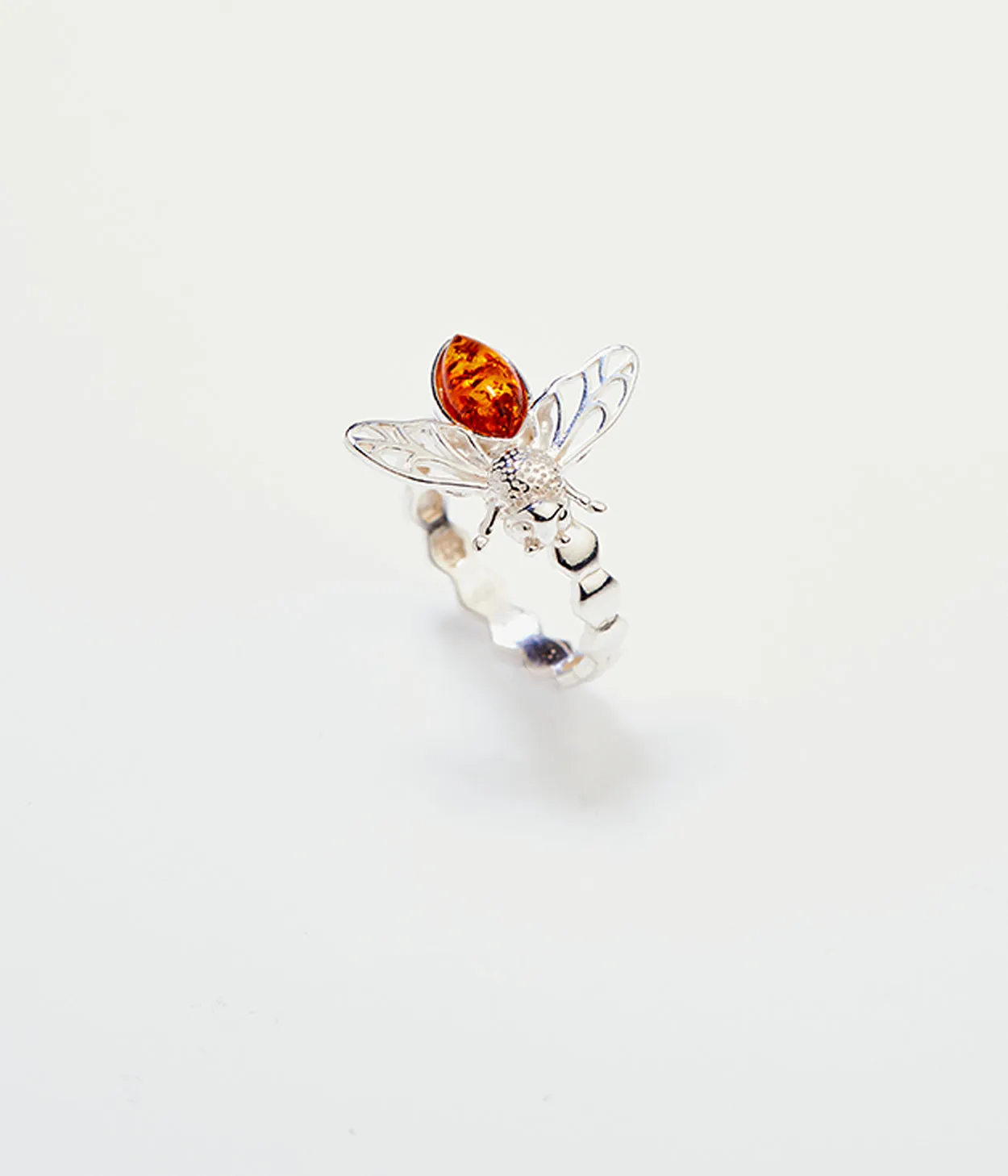 Amber Bee Ring - Genuine Baltic Amber & Sterling Silver - Unique Honeycomb Design