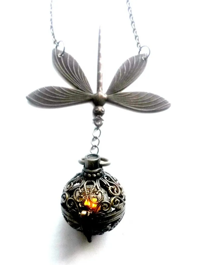 Amber Light Up Dragonfly  Necklace